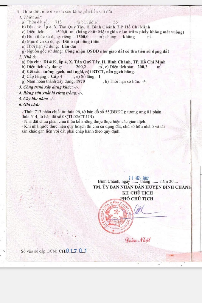 Bán đất tại Ấp 4, X. Tân Quý Tây, H. Bình Chánh, TP Hồ Chí Minh