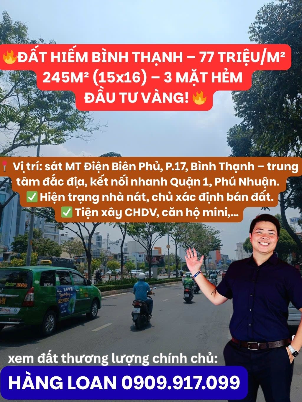 77tr/m² đất hiếm 245m² Điện Biên Phủ, 3 mặt hẻm, xây CHDV siêu lợi 0909917099