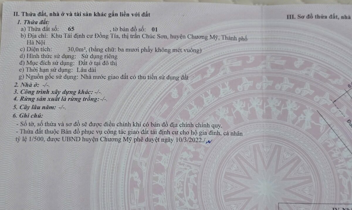 BÁN LÔ ĐẤT 30M TẠI DỊCH VỤ ĐỒNG TÍA-TT CHÚC SƠN-CHƯƠNG MỸ-HÀ NỘI