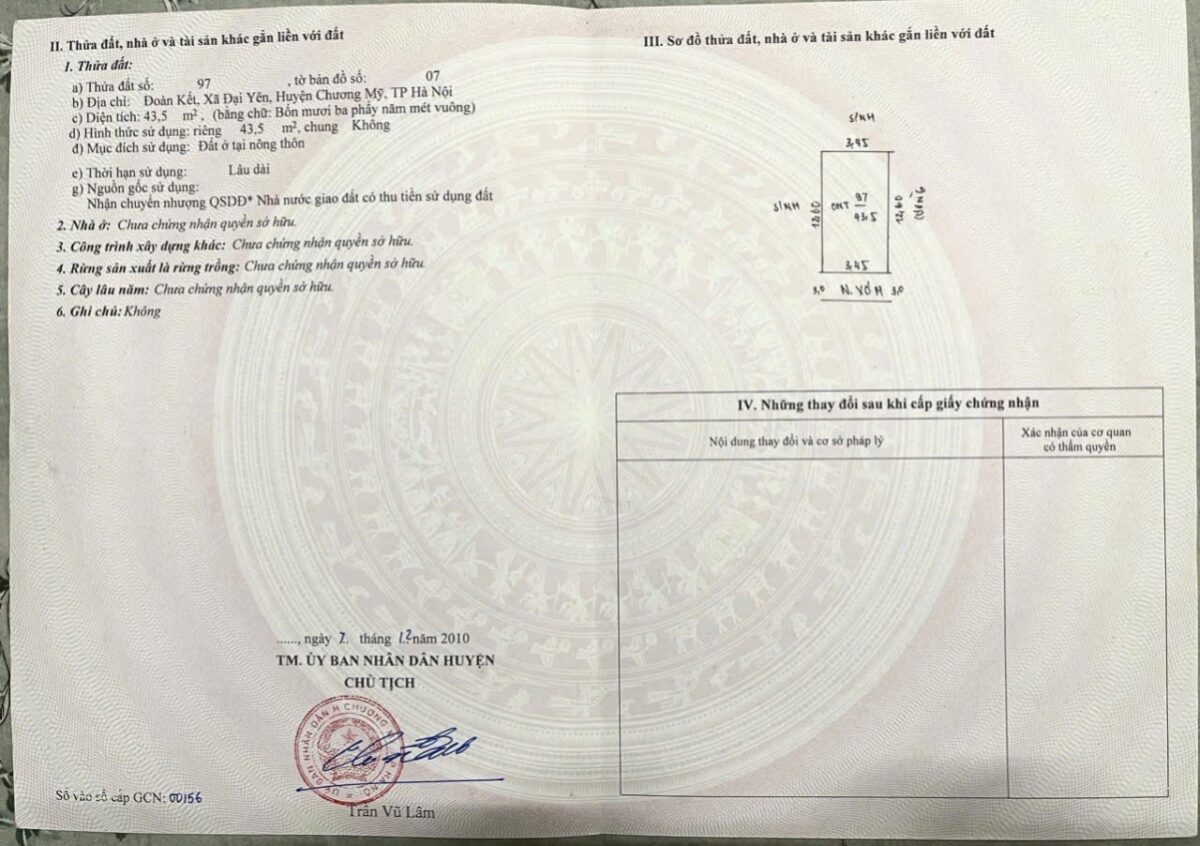 CHÍNH CHỦ BÁN LÔ ĐẤT FO 43,5M TẠI ĐẠI YÊN-CHƯƠNG MỸ-HÀ NỘI