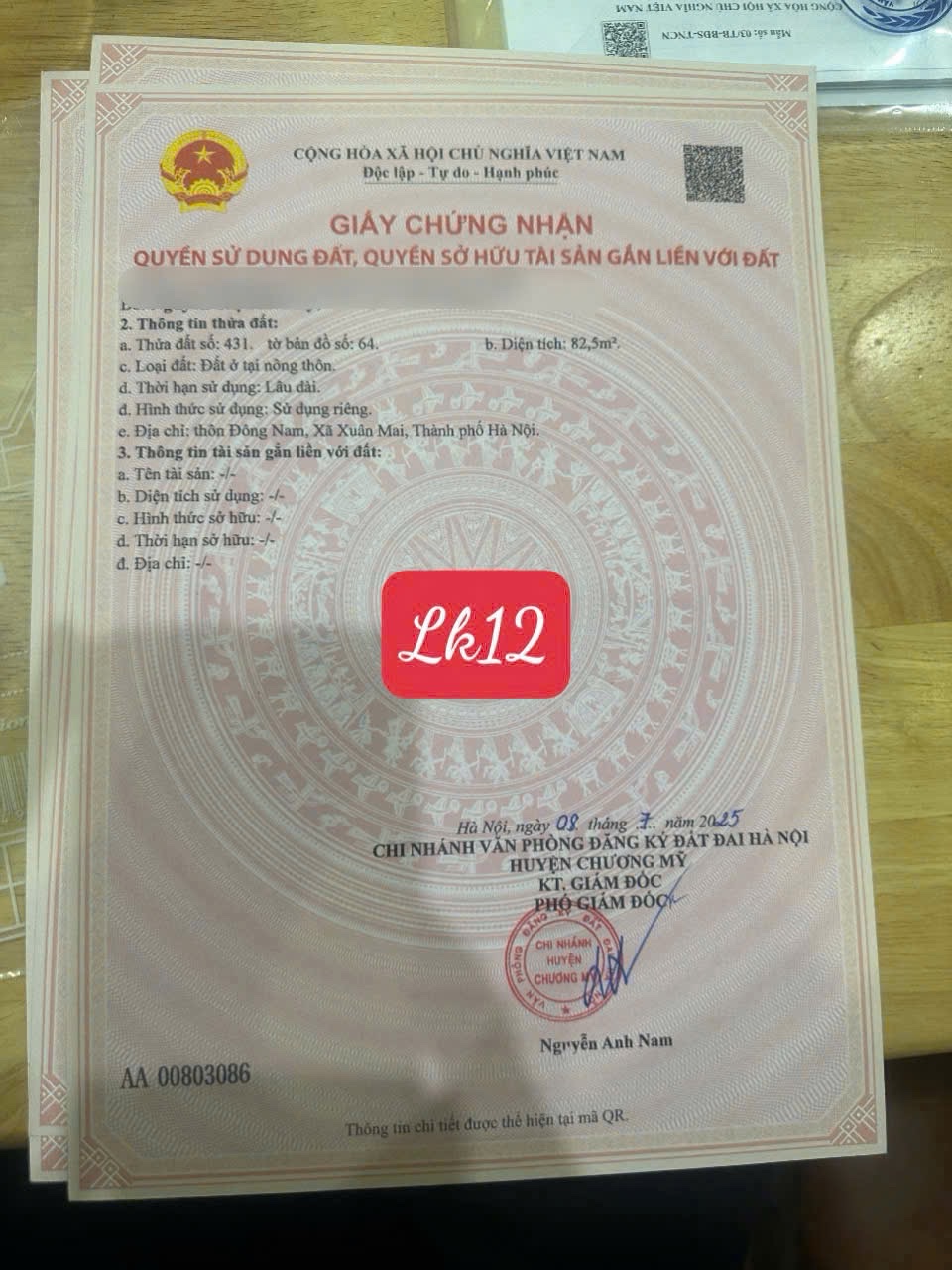 HÀNG FO BÁN LÔ ĐẤT 82,5M TẠI NAM PHƯƠNG TIẾN-CHƯƠNG MỸ-HÀ NỘI