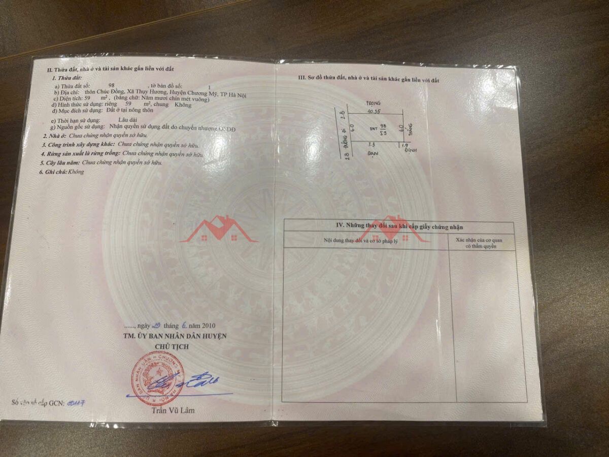 CHÍNH CHỦ BÁN LÔ ĐẤT 59M TẠI THỤY HƯƠNG-CHƯƠNG MỸ-HÀ NỘI