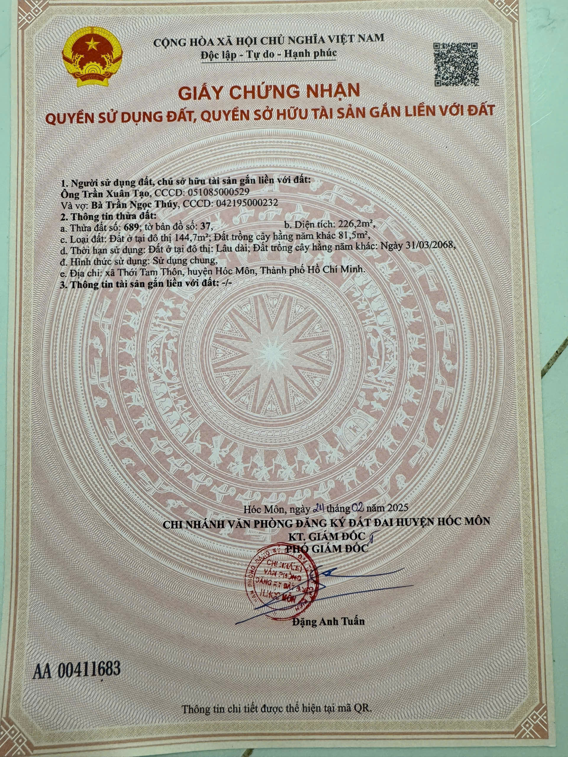 ĐẤT (8.68×25.5) 2 MT ĐẸP PHÙNG THỊ CHUYỆN, THỚI TAM THÔN, HÓC MÔN